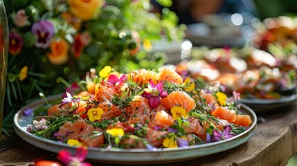 An enticing addition to the classic midsummer solstice spread is the Scandinavian salmon salad adorning the outdoor buffet table alongside a vibrant bouquet of summer flowers