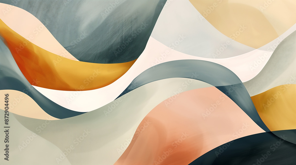 Poster wallpaper modern abstract background with soft curves and shapes in muted pastel colors, creating an