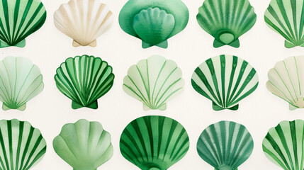 Watercolor illustration of a minimalist Scandinavian spiral seashell pattern in subtle jade green...