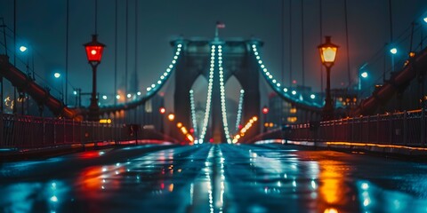 Obraz premium Ethereal Glow Night Time Bridge Lights in Soft Focus, Nighttime bridge photography, Soft focus night lights, Ethereal light photography, Bridge lights at night