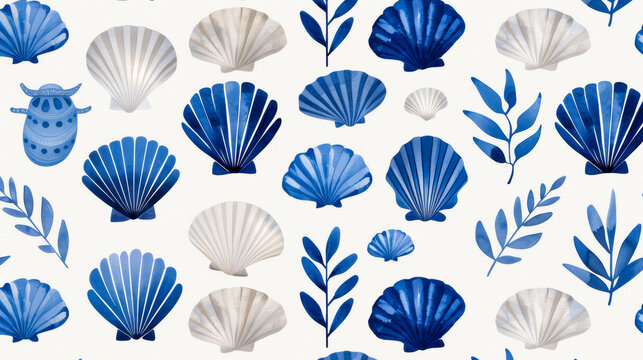Watercolor illustration of a modern minimalist Scandinavian seashell pattern in coastal blue on white ink watercolour 