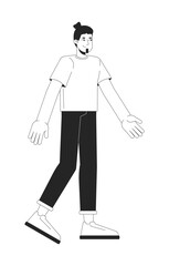 Happy caucasian man walking black and white 2D line cartoon character. Positive european male in casual clothes isolated vector outline person. Leisure activity monochromatic flat spot illustration