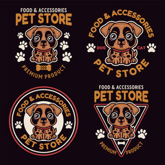 Naklejka premium Pet store set of vector emblems concept with cute cartoon dog character illustration in colored style on dark background