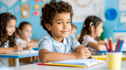Fototapeta premium Elementary school children in their desks in a diverse and multicultural classroom setting. 