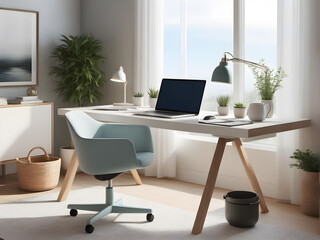 Fototapeta premium Minimalist home office workspace with a laptop, desk lamp and plants.
