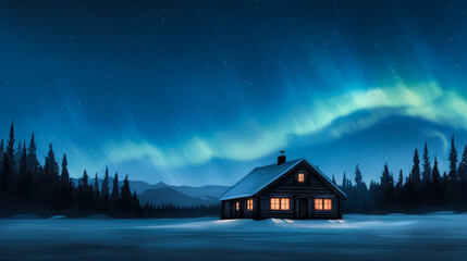 Fototapeta premium Watercolor illustration of a secluded Alaskan cabin enveloped by an ethereal winter aurora ink watercolour 