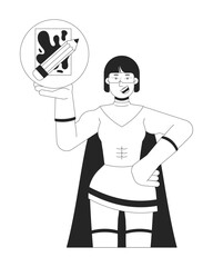 Superhero woman with artists supplies black and white 2D line cartoon character. Korean female recommending drawing isolated vector outline person. Lifestyle monochromatic flat spot illustration