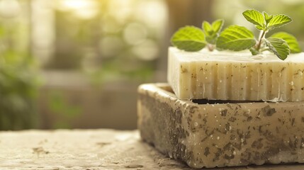 Two bars of homemade soap are stacked on top of each other with fresh mint leaves, showing the natural ingredients used