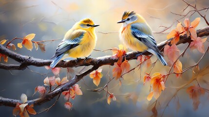 Obraz premium Two birds perched on a branch with blooming flowers in a watercolor painting.