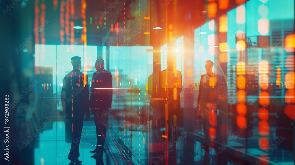 Poster backlit business professionals collaborating in a modern office setting with a creative, abstract bl