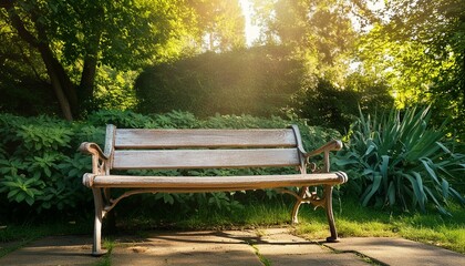 Obraz premium A distressed wooden bench in a sun-dappled garden.