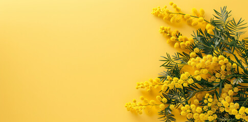 photo of mimosa flowers on a light yellow background, in a flat lay, top view, banner with copy space area for an easter or spring concept, in the minimalistic style


