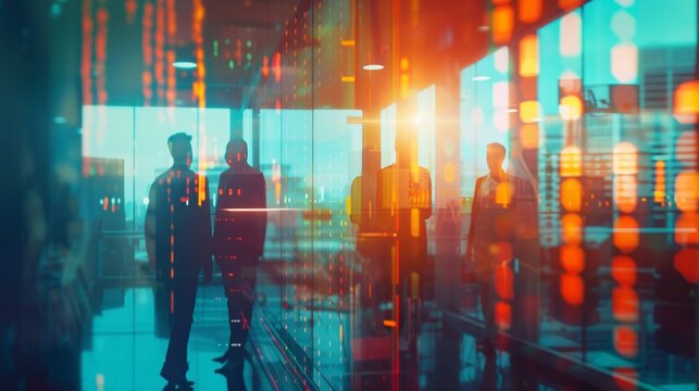 Backlit business professionals collaborating in a modern office setting with a creative, abstract blurred background featuring business charts and binary code. Concept of system engineering and digita