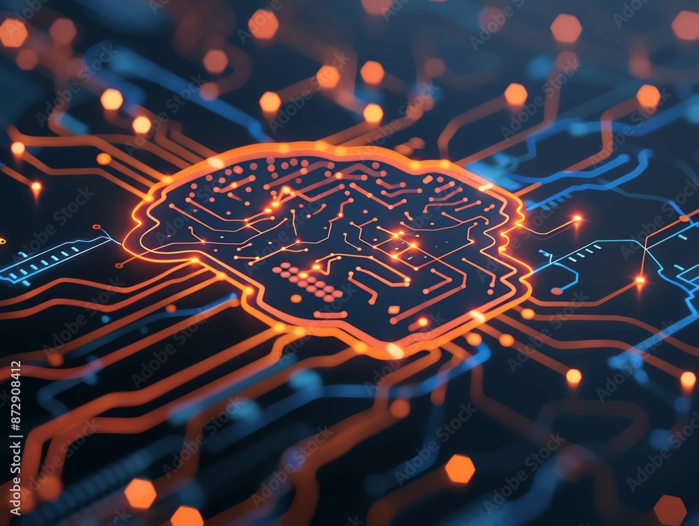 Poster a glowing brain circuit board with integrated circuits, representing artificial intelligence.