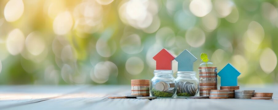 Miniature houses with coins in front of bokeh background.