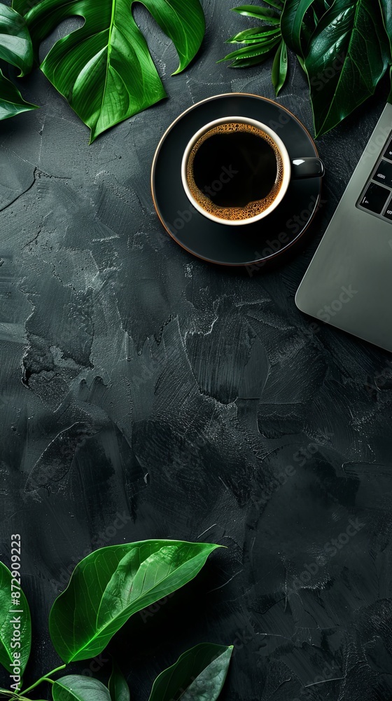 Fototapete black empty background with a laptop and coffee in the right part of the image and a green leaf in t