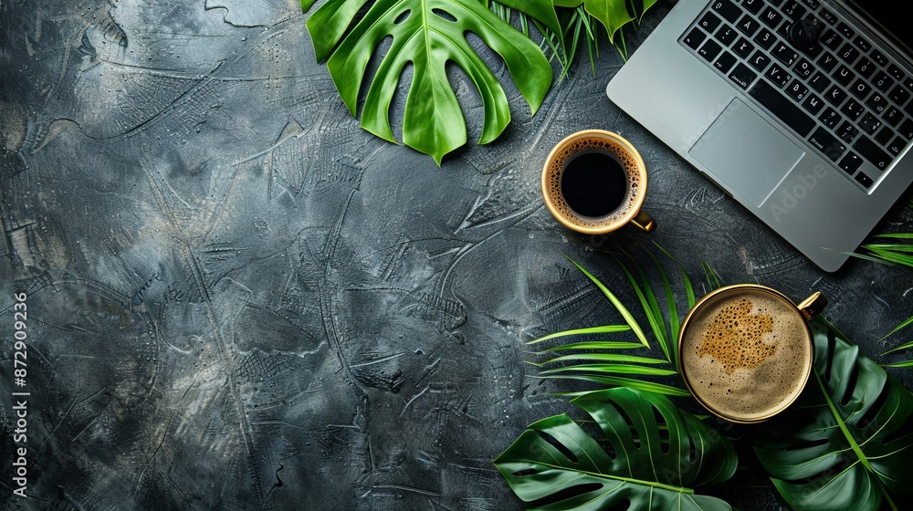 Fototapete black empty background with a laptop and coffee in the right part of the image and a green leaf in t