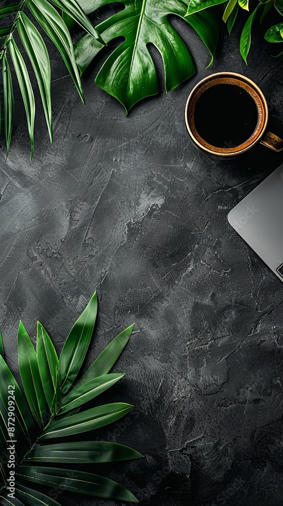 Fototapete black empty background with a laptop and coffee in the right part of the image and a green leaf in t