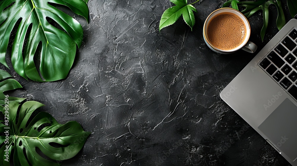 Fototapete black empty background with a laptop and coffee in the right part of the image and a green leaf in t