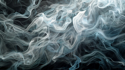 abstract smoke effect with swirling patterns and delicate wisps of white and blue against a dark background, fluid motion wallpaper