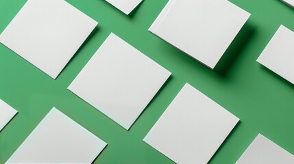 Blank business cards arranged on a vibrant green background &ndash; ideal for branding, corporate identity, marketing materials, and professional stationery mockups with copy space for custom text or logo d