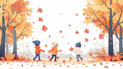 Kids collecting leaves for school project, autumn background, flat design illustration