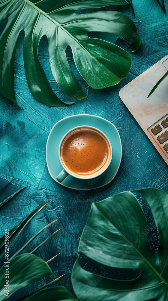 Fototapete blue empty background with a laptop and coffee in the right part of the image and a green leaf in th