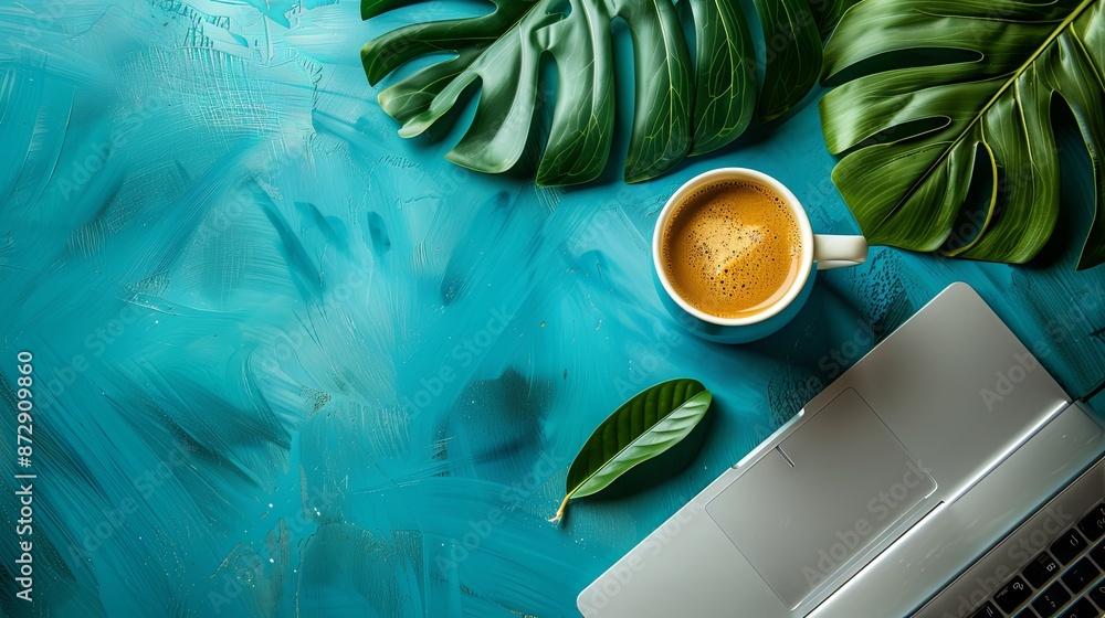 Fototapete blue empty background with a laptop and coffee in the right part of the image and a green leaf in th