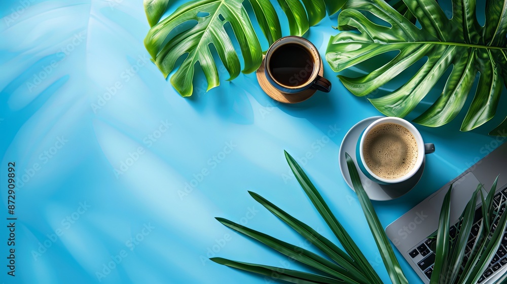 Fototapete blue empty background with a laptop and coffee in the right part of the image and a green leaf in th