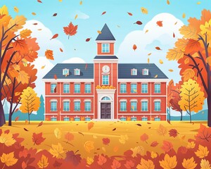 School building with autumn decorations, flat design illustration