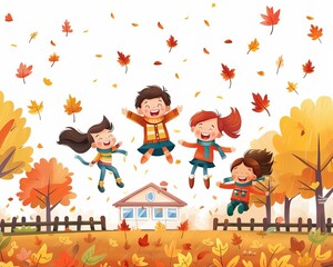 Fototapeta premium School playground with fallen leaves, kids jumping in leaf piles, Autumn Education, playful outdoor activity