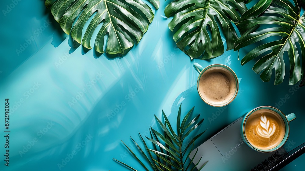 Fototapete blue empty background with a laptop and coffee in the right part of the image and a green leaf in th