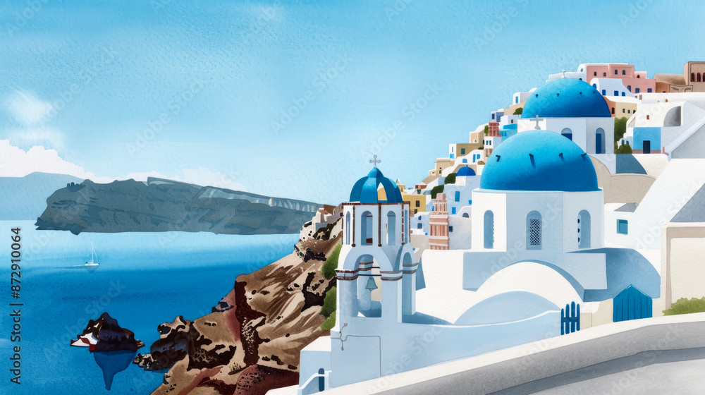 Sticker Watercolor illustration of a sun soaked Santorini shoreline with whitewashed buildings and bright blue domes ink watercolour 