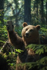 Obraz premium Brown bear stands in forest, looking directly at camera. Tree trunk and leaves create natural backdrop. Perfect for nature, wildlife, or social media influencer themes.