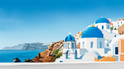 Watercolor illustration of a sun soaked Santorini shoreline with whitewashed buildings and bright blue domes ink watercolour 