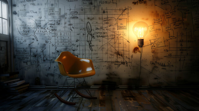 A chair with a light bulb, drawings and mathematical formulas on the wall, cinematic lighting, hyper realistic in the style of various artists. 
