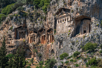 Fethiye King Tombs,carved into the rock tomb 4th century BC. The Lycian Amintas King Tombs. Tombs of Telmessos Ancient City in Fethiye, Amyntas Rock.