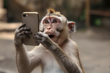 Monkey influencer sits on gray bench holding black phone with brown fur and white body. It raises left hand to mouth in a pose or gesture. The monkey tech-savvy side is showcased as it takes a selfie.
