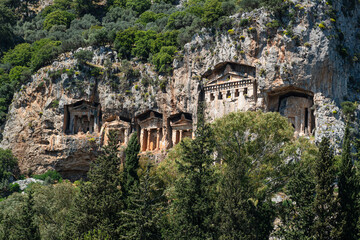 Fethiye King Tombs,carved into the rock tomb 4th century BC. The Lycian Amintas King Tombs. Tombs of Telmessos Ancient City in Fethiye, Amyntas Rock.