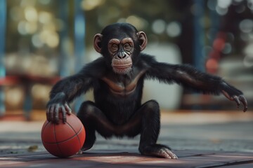 Monkey athlete holds orange basketball, ready to throw. Agile primate sits on hind legs, focuses on sport training stream as social influencer. Fitness and wellness concept with playful monkey.