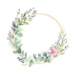 Watercolor floral wreath. Round frame with flowers and leaves. Hand painted illustration.