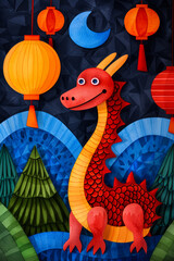 Naklejka premium Watercolor illustration of a vibrant dragon and lanterns lighting up the night sky for Mid Autumn Festival bright simple watercolour background 