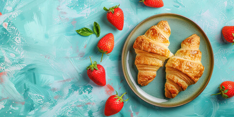 Fresh croissants on a plate with fresh strawberries on a turquoise background, creating a vibrant and appetizing breakfast scene.
