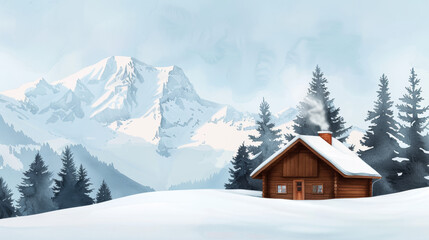 Fototapeta premium Watercolor illustration of an alpine cabin nestled in snowy mountains with a steaming hot spring ink watercolour 