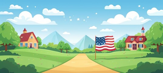 Rural village with nature landscape and America flag. 4th of July or America independence day. Generative AI technology.	
