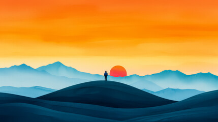 Fototapeta premium Watercolor illustration of an enchanted backpacker witnessing the serene sunrise over the sand dunes in Great Sand Dunes National Park bright simple watercolour background 