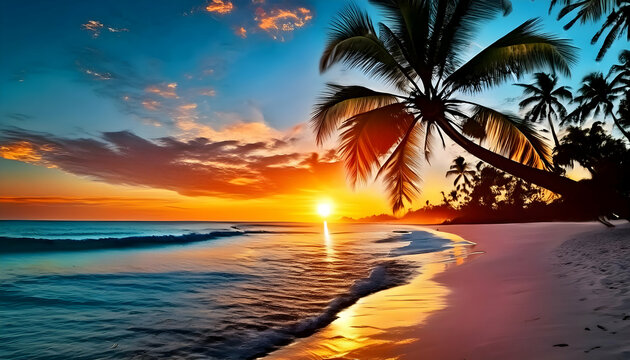 beach scene with palm trees breathtaking tropical sunset background creates a postcard-perfect scene on a beach with palm trees. background 