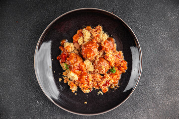 couscous with meat balls vegetable sauce tasty fresh meal food snack on the table copy space food...