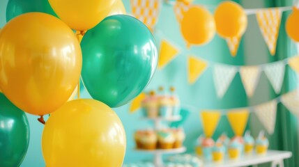 Birthday party with yellow and green balloons, colorful banner backdrop, bright and cheerful celebration
