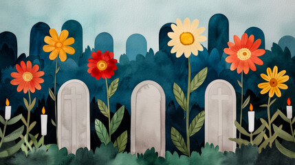 Watercolor illustration of gravestones adorned with chrysanthemums and candlelight for All Saints Day bright simple watercolour background 